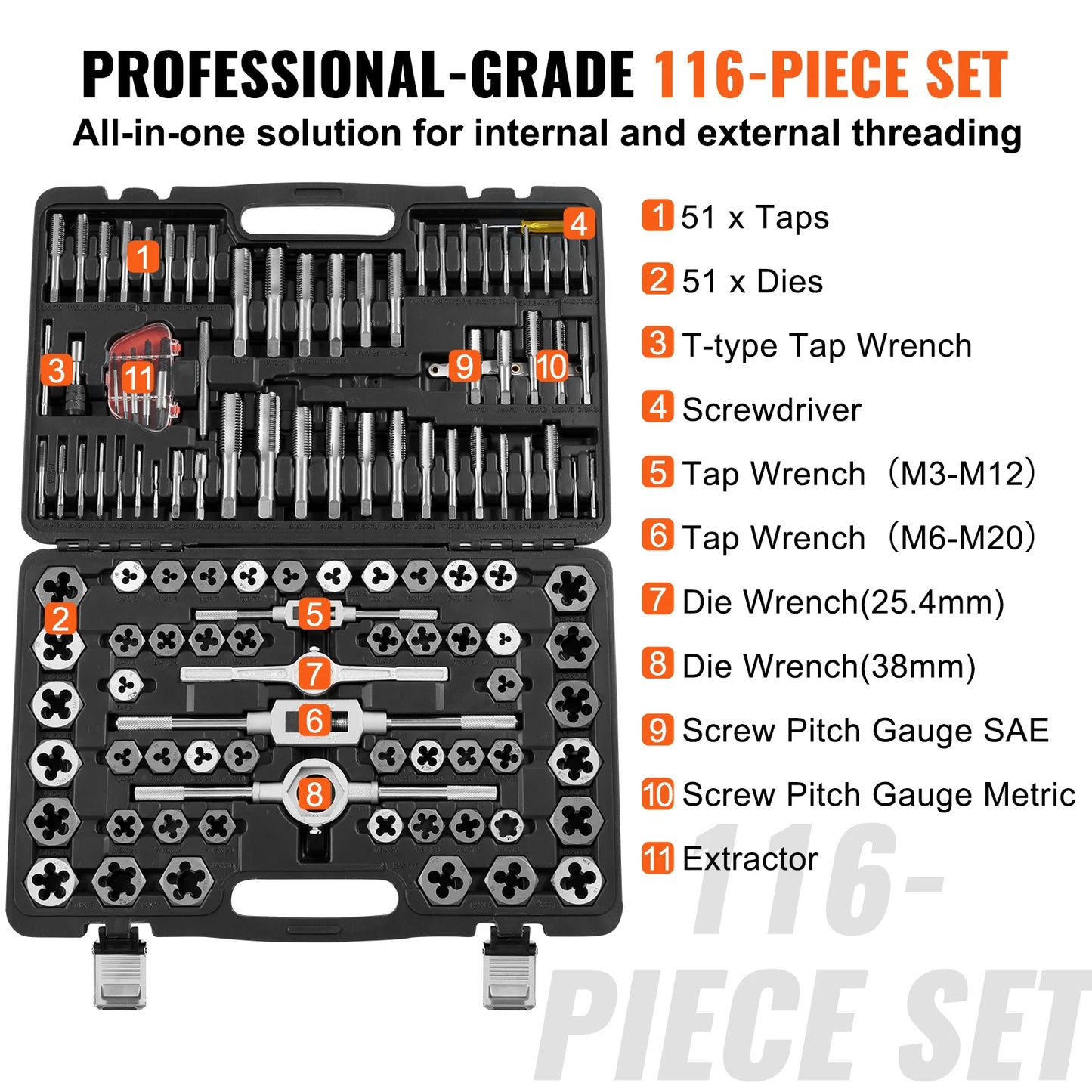 SucceBuy 116 Piece Tap Die Set Bearing Steel Metric SAE