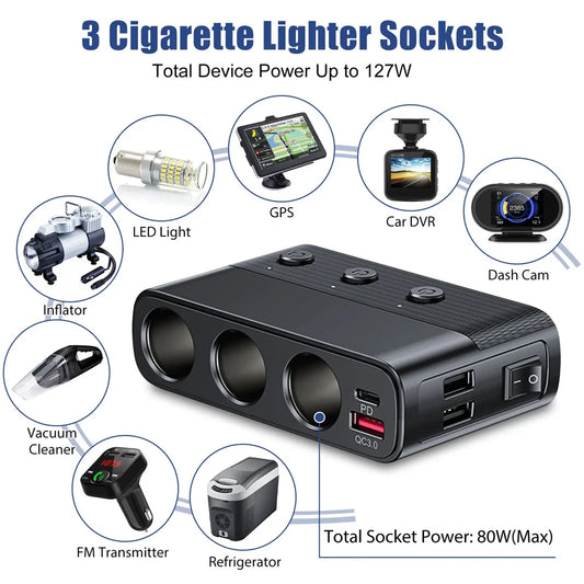 Car Charger Splitter Multi Ports PD30W QC3.0 Adapter