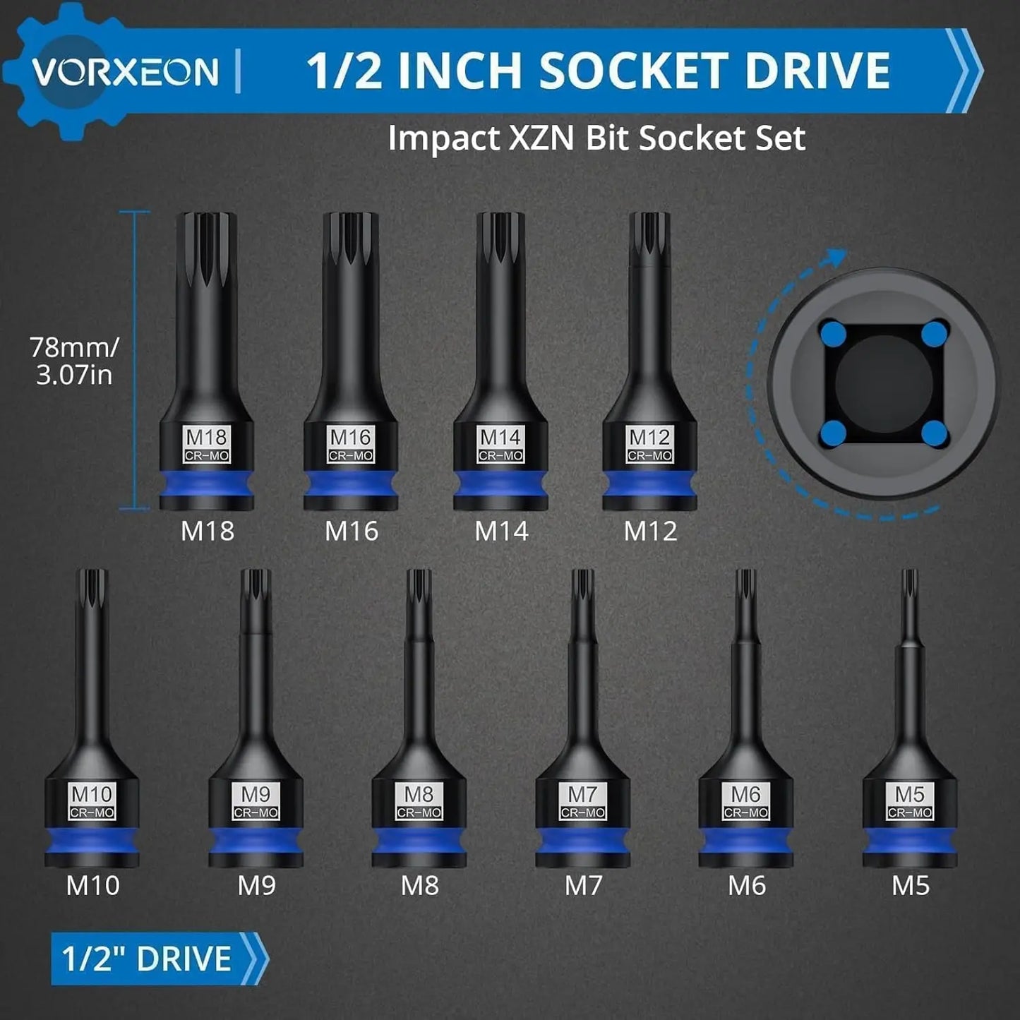 Hign-Concerned 10-Piece XZN Triple Square Socket Set 42CRMO
