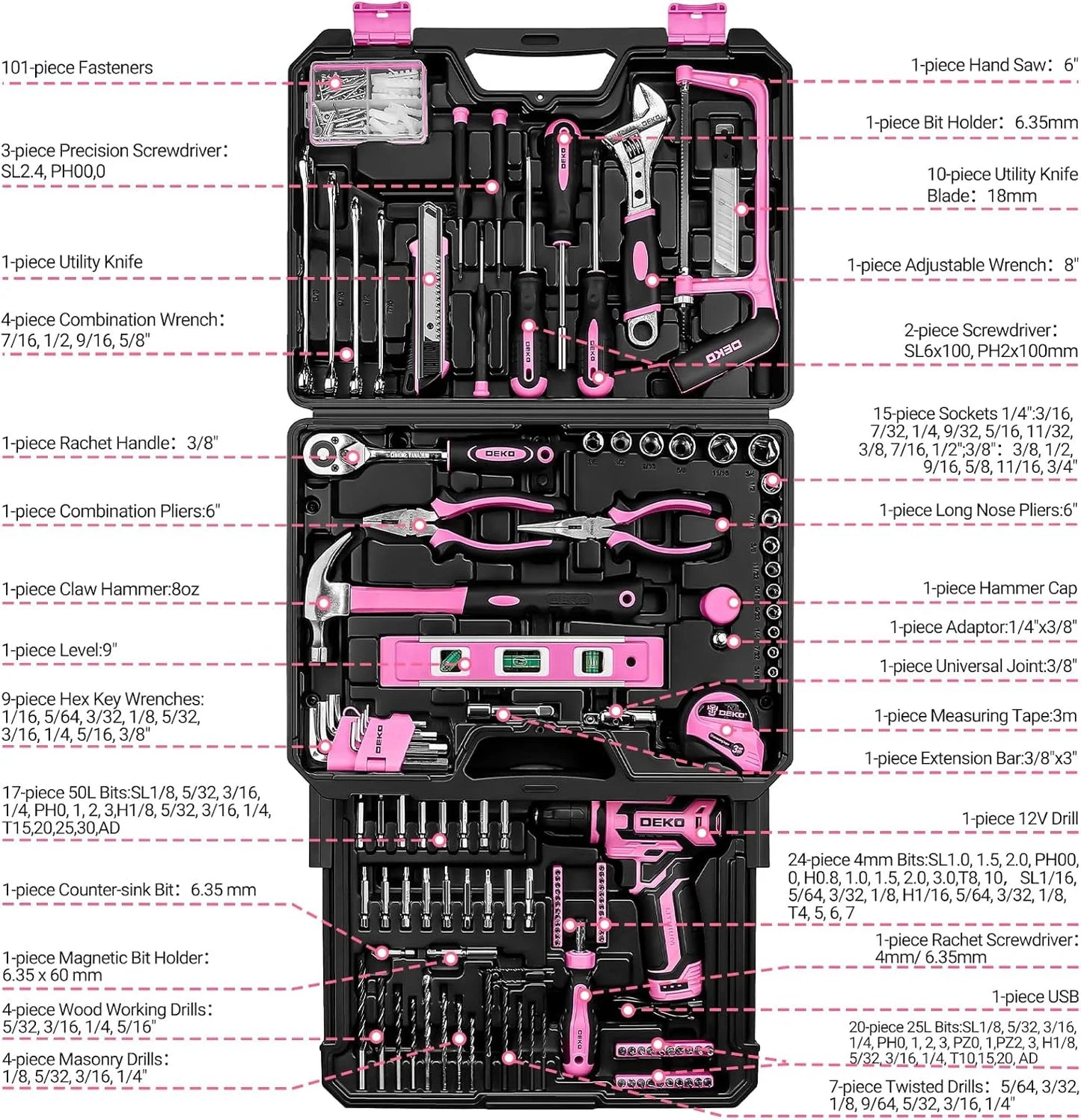 DEKODIY Home Mechanic Toolbox 12V Cordless Drill Kit