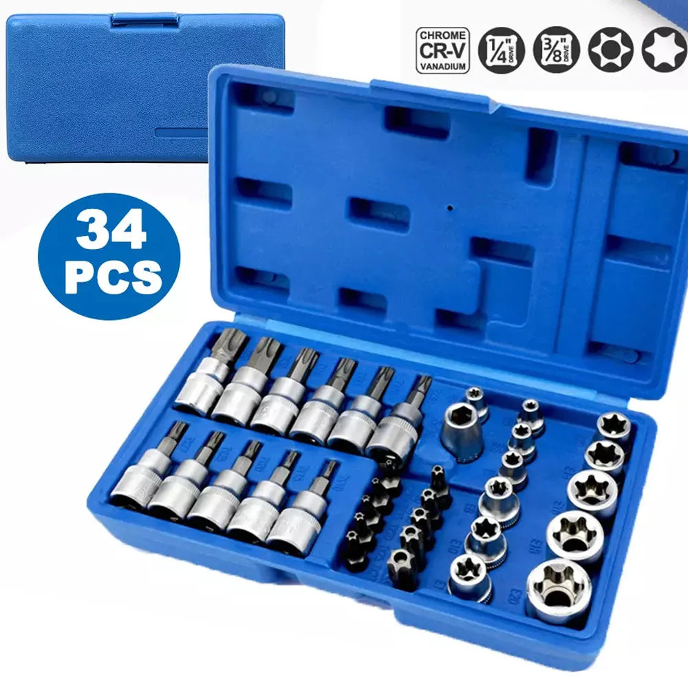 34Pcs Torx Star Socket Set and Bits