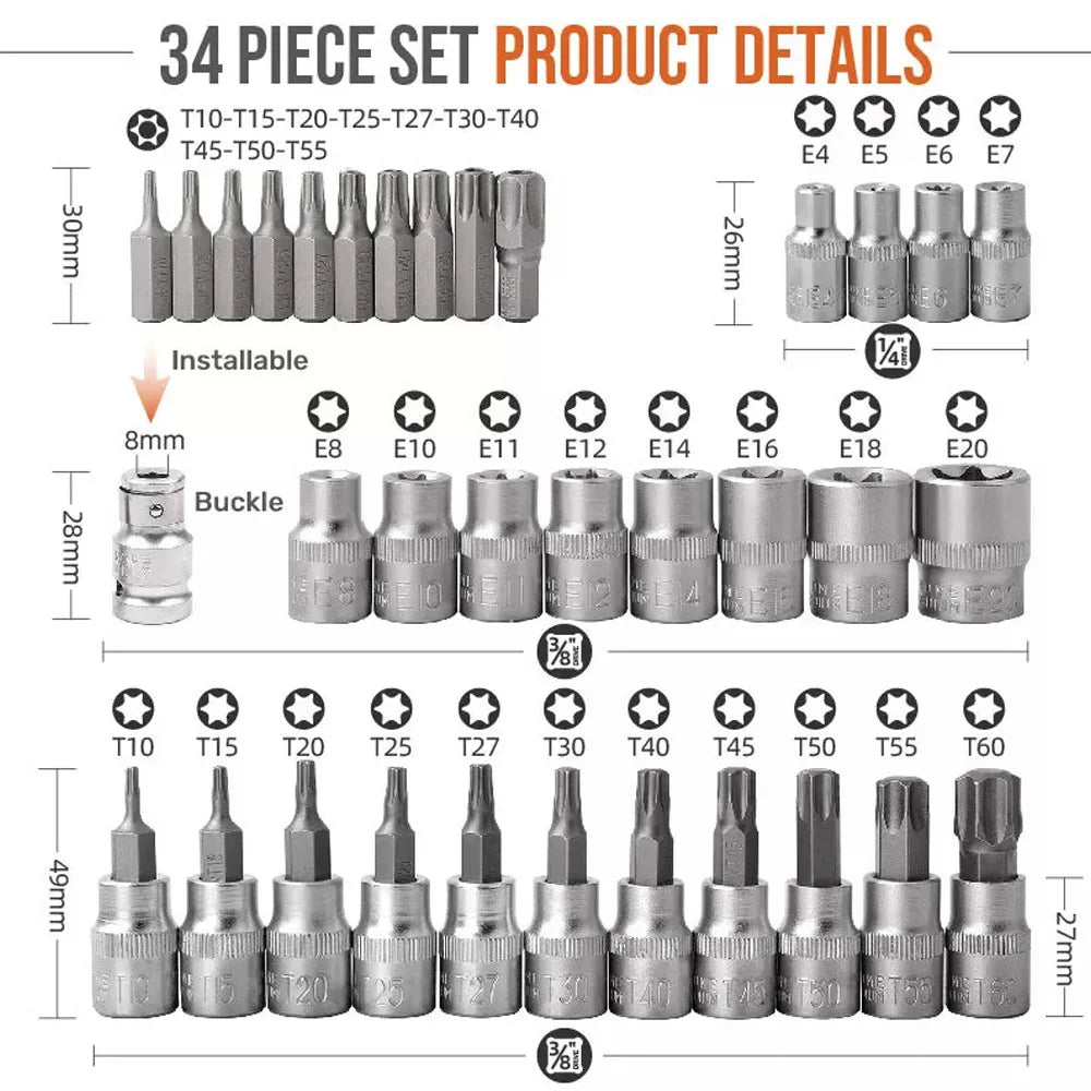 34Pcs Torx Star Socket Set and Bits